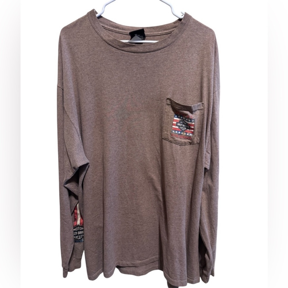 Harley Davidson Tan Long Sleeve Men’s Pocket T-Shirt Graphic Back & Sleeve Sz 2X